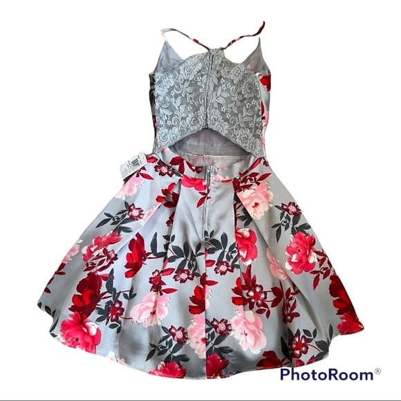 B. DARLIN Lace Bralette-Back Floral-Printed Satin Fit & Flare Dress Size 3 - Picture 2 of 14